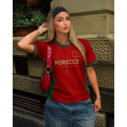 Women Morocco Flag Soccer Fan T-Shirt Crewneck Short Sleeve Breathable Quick Dry Streetwear Casual Football Shirt