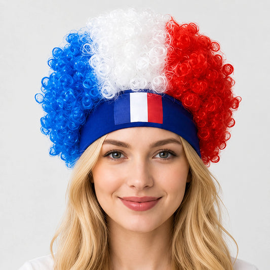 2026 World Cup Curly Wig Cosplay National Flag-colored Headband Wig for Fan Gatherings, with Logo and National Flag.