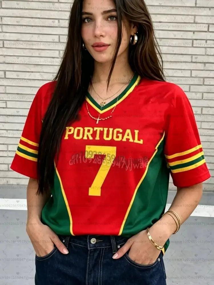 2026 Women Cheerleaders PORTUGAL NO.7 Y2k Tops men women Soccer O-Neck Short Sleeve Jersey T-Shirt Casual Tees Hip Hop T-Shirt