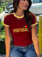 Women Portugal Flag Print Crop T Shirt Summer Short Sleeve Contrast Breathable Casual Sporty Graphic Tee , Portuguese jersey