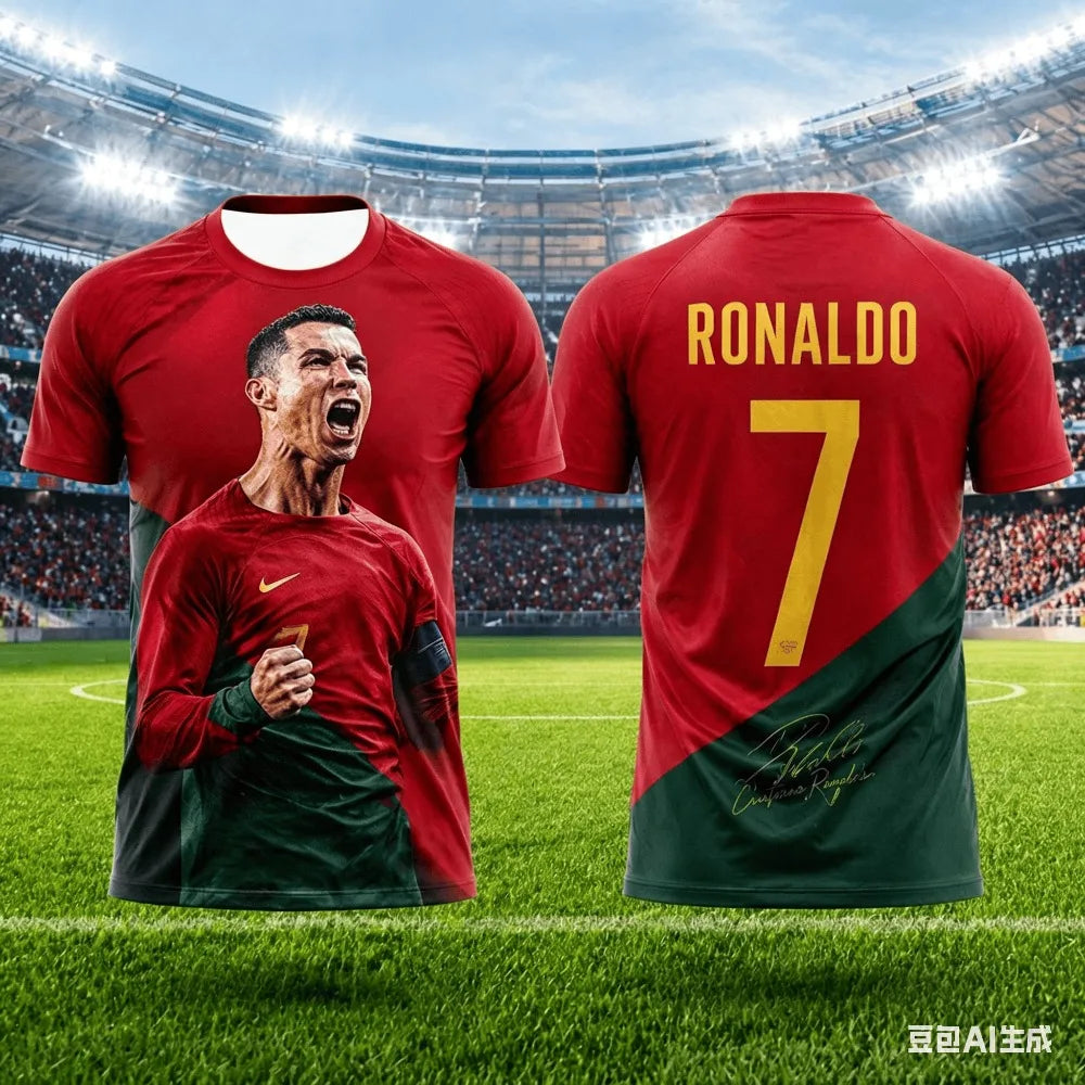 New Ronaldo Summer 3D Printed Family Outfit Football Jersey T-shirt - Quick-drying and Breathable Suitable for Daily Wear