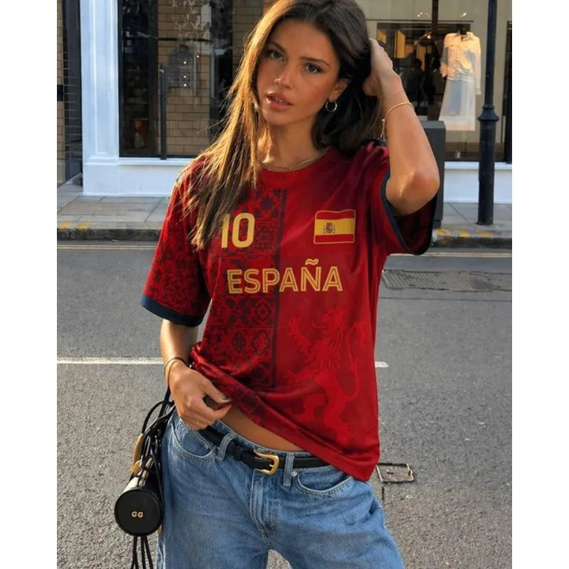 New Women Spain 10 Flag Soccer Fan T-Shirt Crewneck Short Sleeve Breathable Quick Dry Streetwear Casual Football Shirt