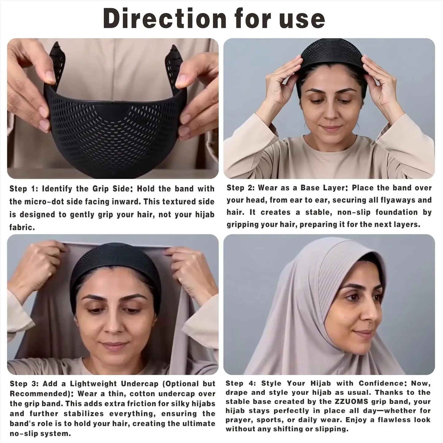 Hijab Hair Grip Band with Micro Dots, TPEE Elastic Non-Slip Headband Holds Hair,Comfortable Base Layer for Daily,Prayer,Sports