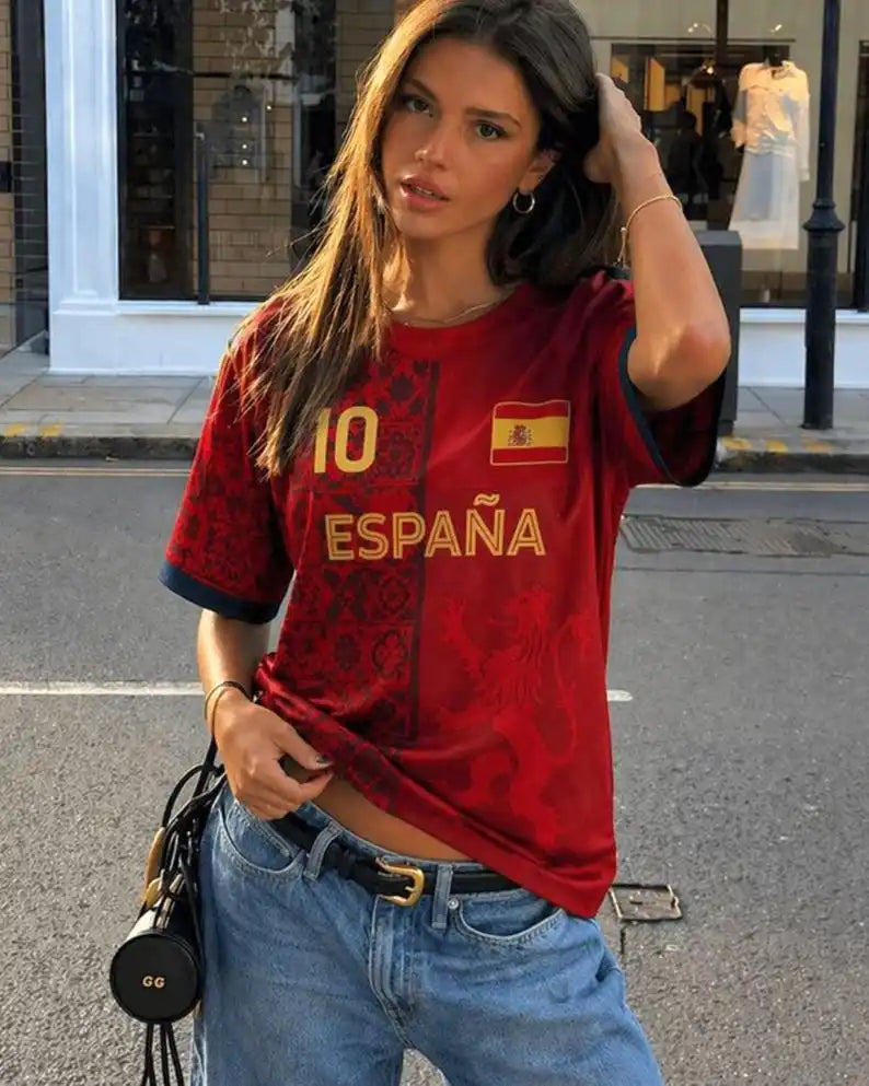 New Women Spain 10 Flag Soccer Fan T-Shirt Crewneck Short Sleeve Breathable Quick Dry Streetwear Casual Football Shirt