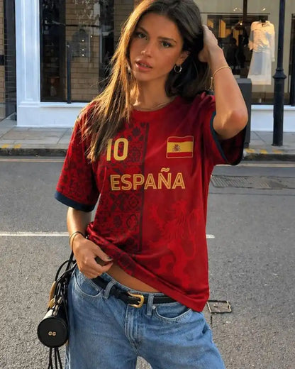 New Women Spain 10 Flag Soccer Fan T-Shirt Crewneck Short Sleeve Breathable Quick Dry Streetwear Casual Football Shirt