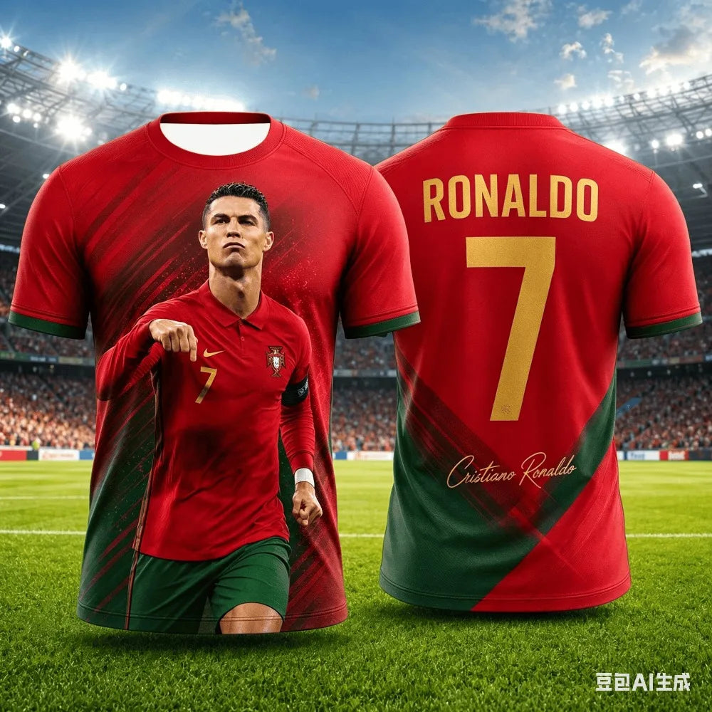 New Ronaldo Summer 3D Printed Family Outfit Football Jersey T-shirt - Quick-drying and Breathable Suitable for Daily Wear