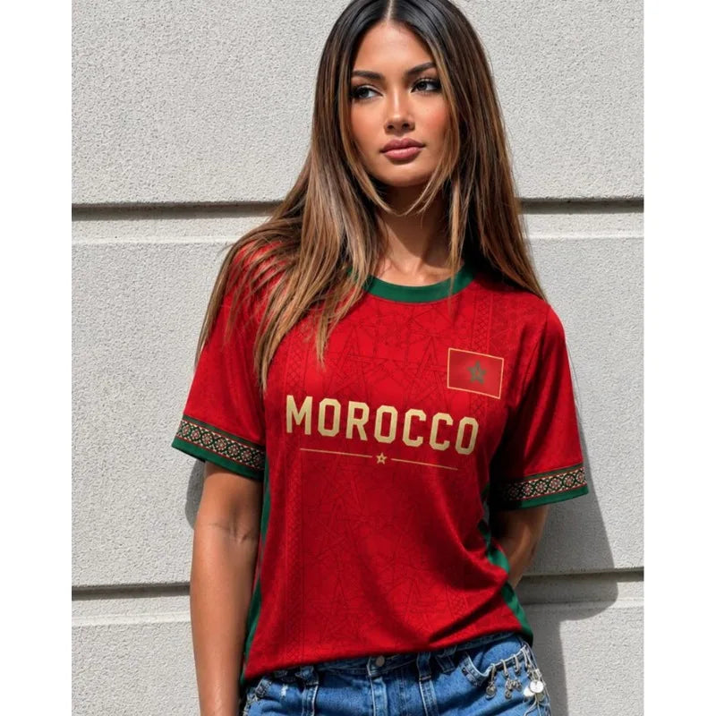 Women Morocco Flag Soccer Fan T-Shirt Crewneck Short Sleeve Breathable Quick Dry Streetwear Casual Football Shirt